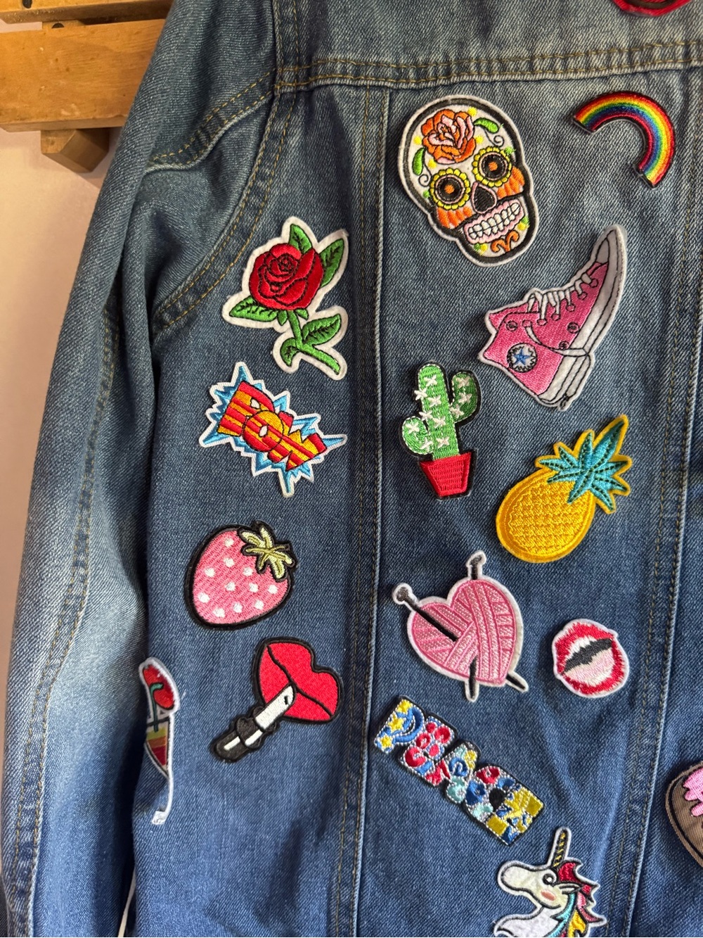 ๐5 for $25๐ Steve Madden Blue Denim Jacket with Multicolor Patchwork - Picture 8 of 9
